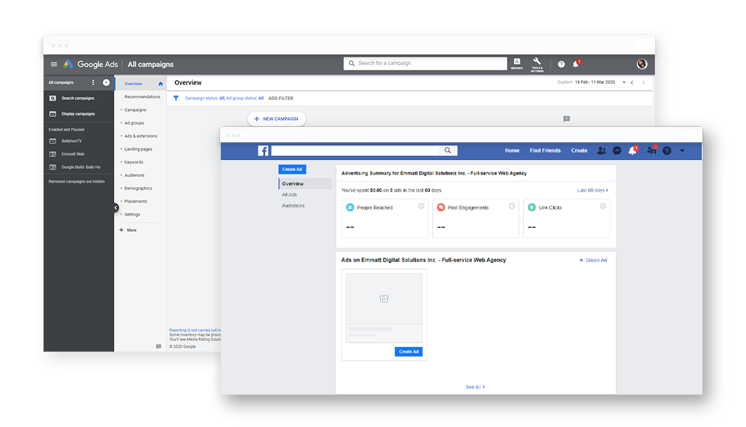 Screenshot of Google Ads and Facebook Ads dashboard